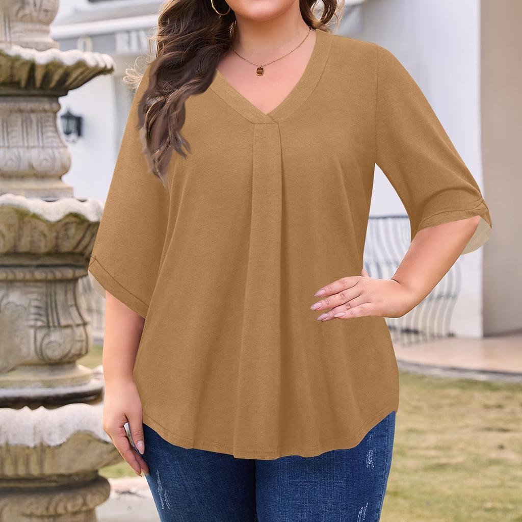 Женская мода Большой размер Однотонный топ с V-образным вырезом и рукавом три четверти