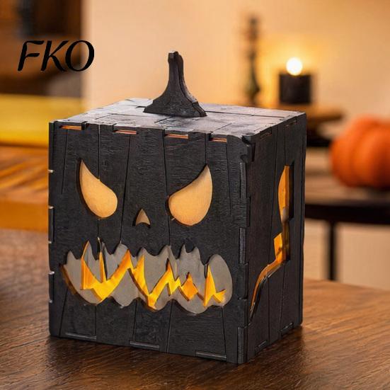 Halloween Spliced Buckle Ornament Wooden Pumpkin Candle Holder, Jack O Lantern Demon Face Box Easy Assembly Decor Decor, Tabletop Centerpiece
