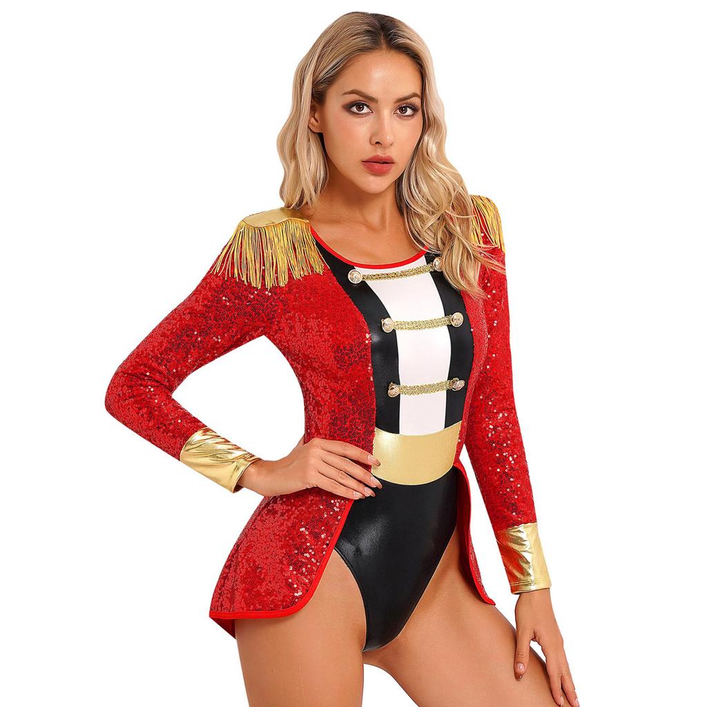 Womens Circus Ringmaster Cosplay Bodysuit Long Sleeve Allover Sequin Tail Jumpsuit Halloween Festival Costumes