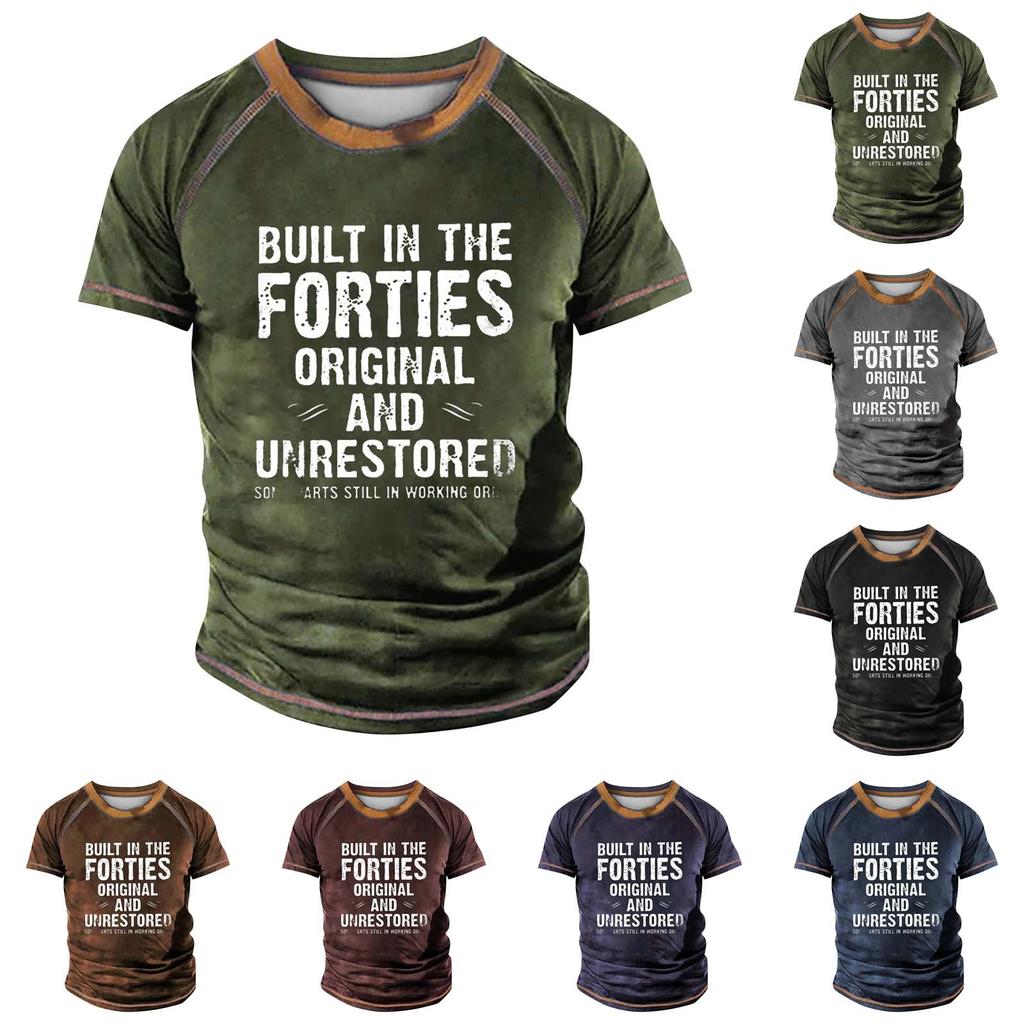 Men's Raglan T-shirt Retro Short Sleeve Round Neck Letter Printing Tops