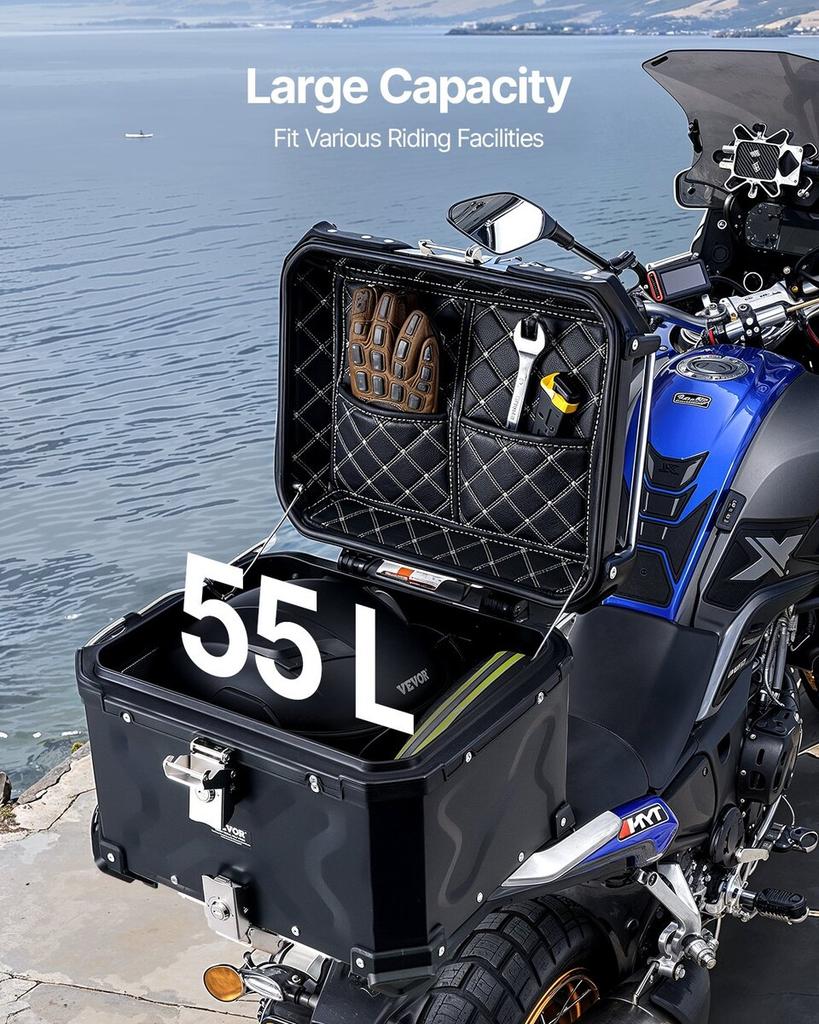55L Motorcycle Top Case Universal Motorbike Tail Box with Leather Lining