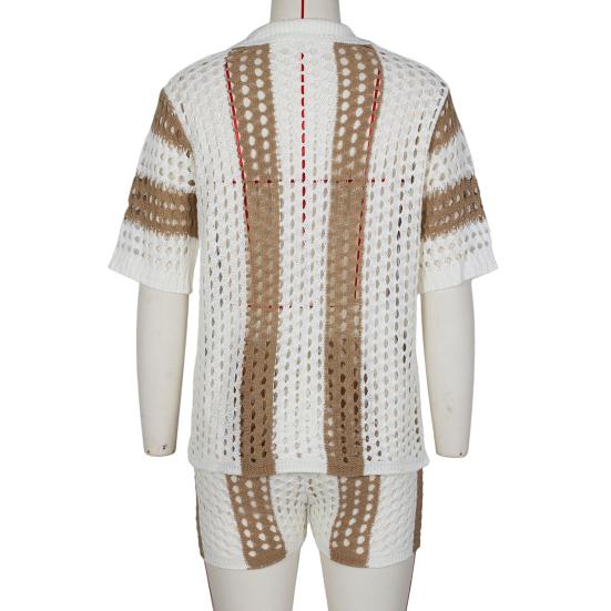 2 Pcs/Set Women Top Shorts Suit Hollow Out Lapel Single-breasted Color Matching Knitted Short Sleeve Top High Elastic Waist Slim Fit Shorts