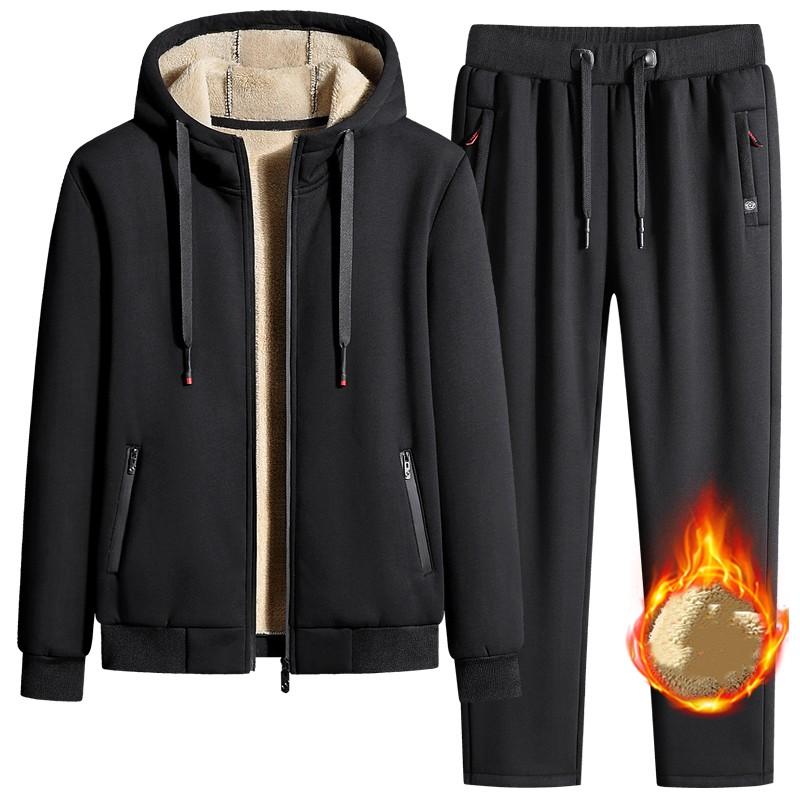 Зимний спортивный костюм мужской толстый теплый флисовый комплект из овечьей шерсти с капюшоном, куртка+брюки, спортивная одежда