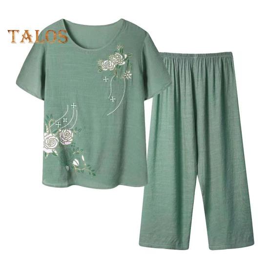 2 шт./компл., женская футболка, брюки, комплект домашней одежды, однотонный цветочный принт, круглый вырез с коротким рукавом, топ с широкими штанинами и эластичной резинкой на талии, свободные брюки, пижамы