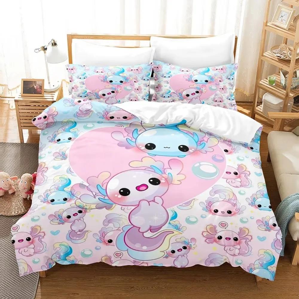 Kawaii Animal Axolotl Bedding Set Bed Cover Adult Kid Bedroom Decor Duvet Cover Pillow Case Set Single Twin Full Queen King Size