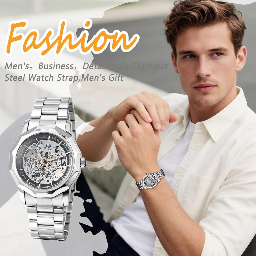 Oidea Men's Octagonal Automatic Mechanical Watch Silver Business Classic Simple Gear Style Luminous Stainless Steel Durable Gift