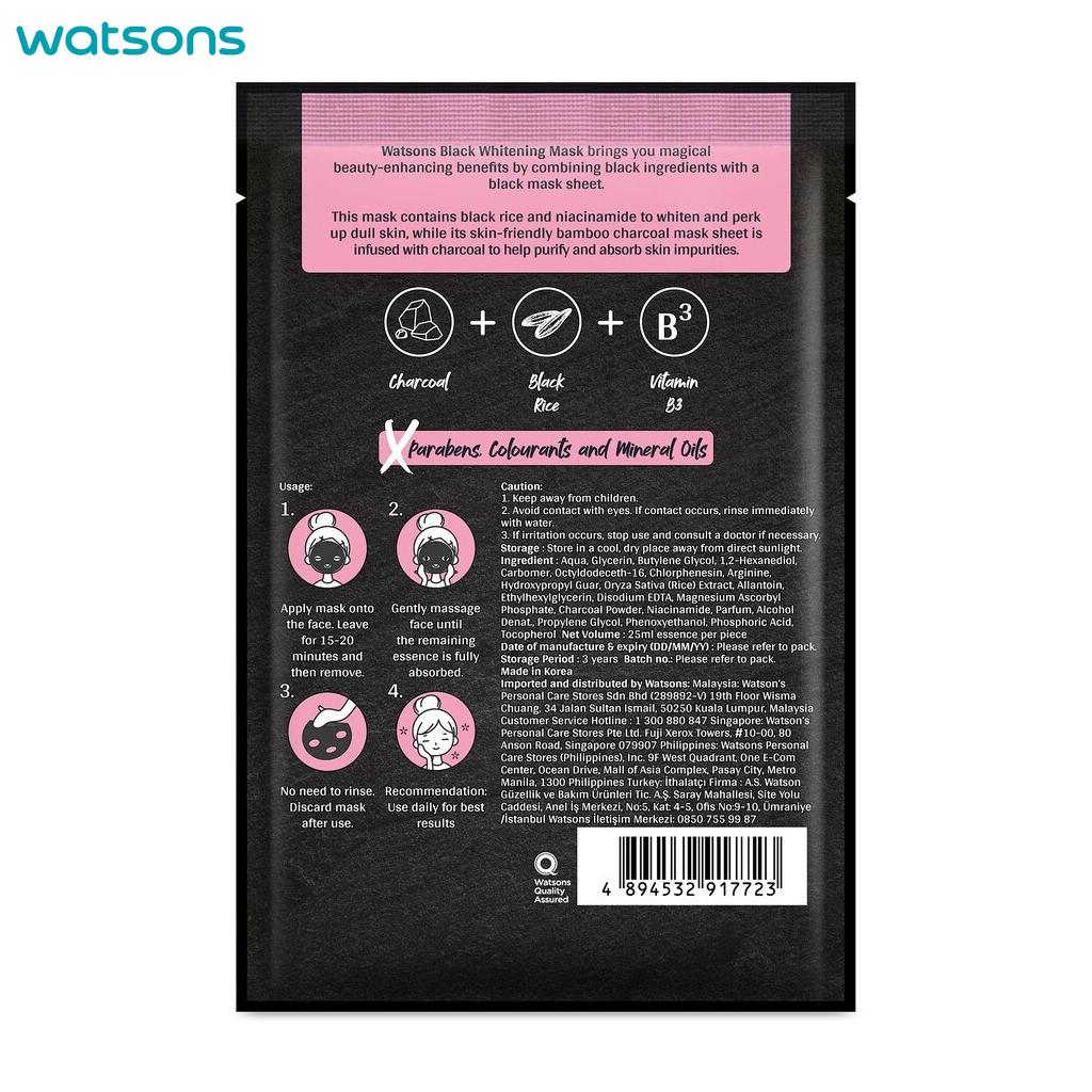 Watsons Love My Glow Black Whitening Mask, Purify Bamboo Charcoal Fabric, Black Rice, 25 Ml. X 3 Pcs - Facial Mask, Mask Sheet