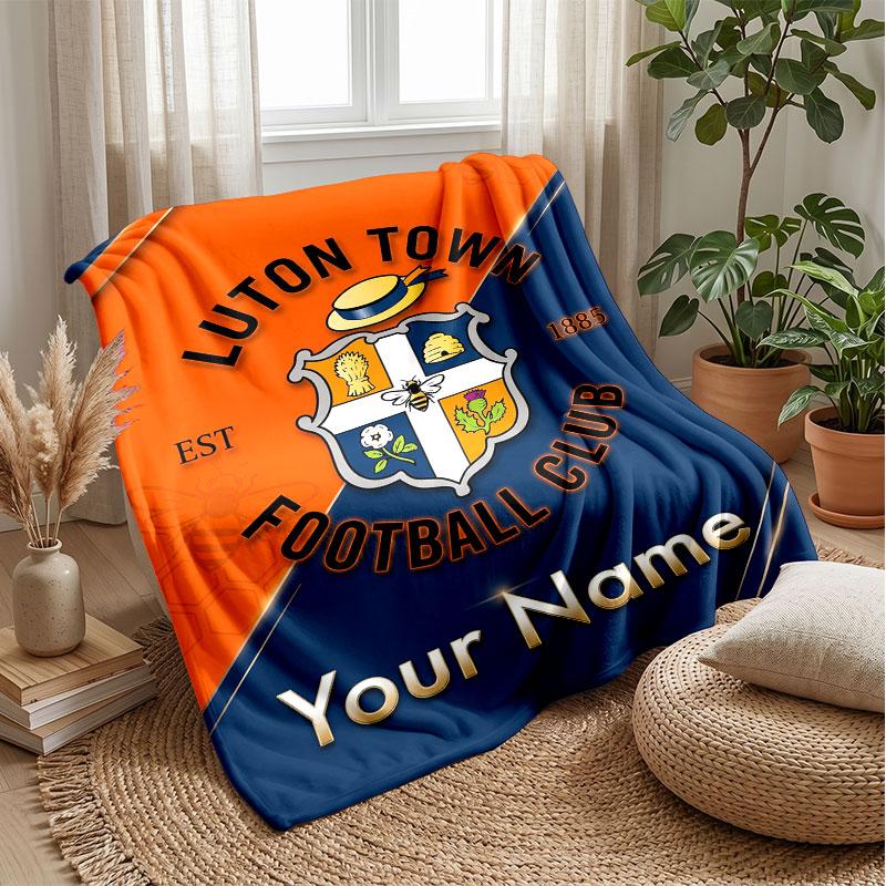 Luton Town Custom Name Text Flannel Blanket Soccer Logo Personalized Fleece Throw Blanket Special Gift For Sofa Bedroom Home