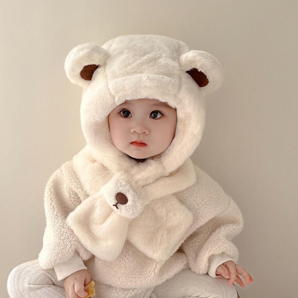 Solid Color Children Fleece Hat Fashion Design Plush Hat with Scarf Outdoor Bear Plush Hat Kid