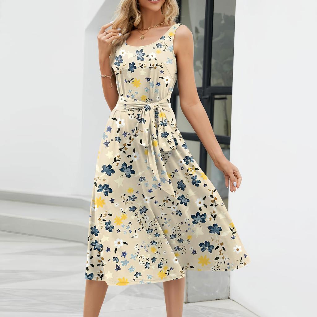 Женское летнее пляжное свободное платье трапециевидной формы средней длины с круглым вырезом и без рукавов, платье-жилет с карманом на шнуровке и цветочным принтом
