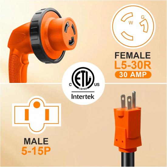 30 Amp To 110 Volt RV Adapter Cord With LED Power Indicator, NEMA 5-15P To NEMA L5-30R 110 Volt RV Adapter 90° With Upgraded Grip Handle,10/3 Gauge