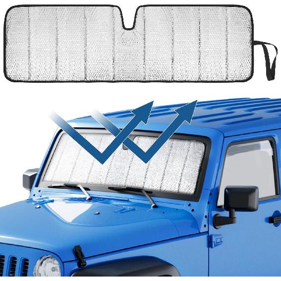 JOYTUTUS Upgraded Windshield Sun Shade Compatible With Wrangler JK JKU TJ, Foldable JK Windshield Sunshade Sun Visor Blocks UV Rays, Sun Shade Shield