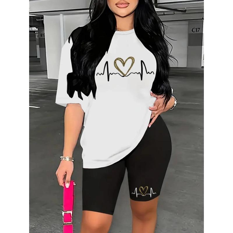 Summer Slim Bodycon Two Piece Outfit Ladies Short Sleeve Crop T-shirt High Waist Tight Shorts