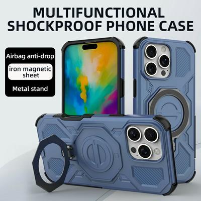 Магнитный чехол для iPhone 16 Pro Max с вращающейся металлической подставкой, противоударная задняя крышка для телефона из ПК+ТПУ