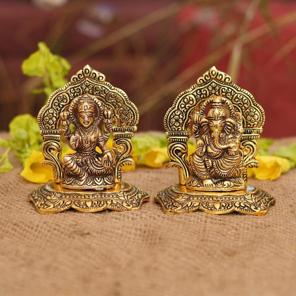 Laxmi Ganesh Set Idol Showpiece Metal Gold Plated Lakshmi Ganesha Idols for Diwali Gifts Puja (Set 5)