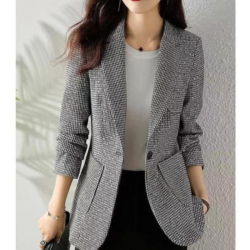 Women's Houndstooth Suit Jacket - 2024 Spring/Fall Casual Plaid Blazer for Middle-Aged Women