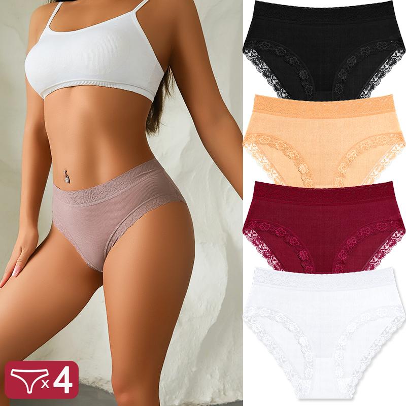 4Pcs Lace Plus Size Underwears Women's Sexy Panties High Quality Striped Briefs Girls Solid Sports Comfortable Lingerie