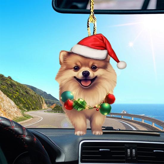 Christmas Dog Rearview Mirror Pendant Car Ornament Decoration Cute Puppy Wearing Christmas Hat Christmas Tree Decorations Car Accessories