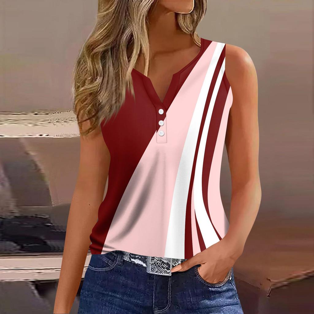 Жен. Футболка Футболка С принтом Пуговицы Без рукавов Повседневные Выходные Мода Классический V-образный вырез Обычный Верх