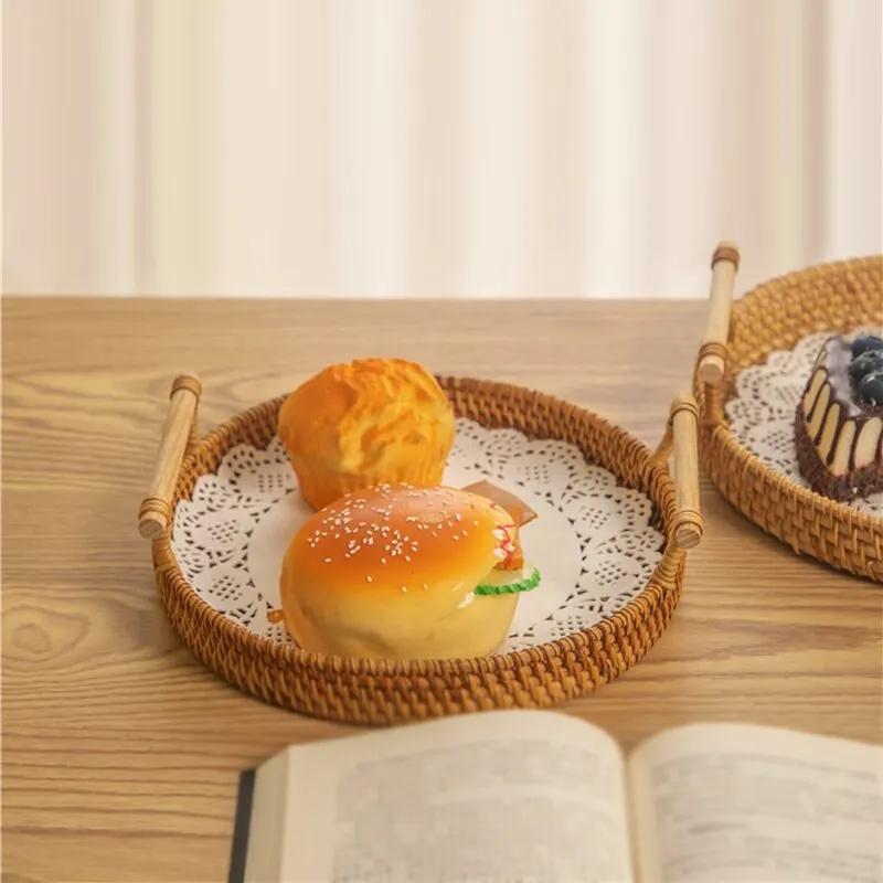Хранение хлеба из ротанга, плетеный круглый поднос, закуски, фрукты, пикник, бинауральный поднос, украшение для стола в гостиной, органайзер для кухни