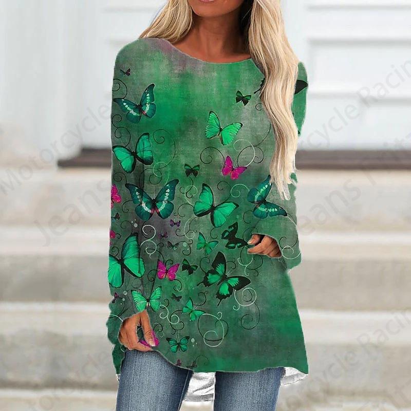 Футболка с длинным рукавом и принтом бабочки 3D, женская мода, длинная туника с круглым вырезом, женская осенняя одежда с изображением животных, женские топы в стиле Y2k