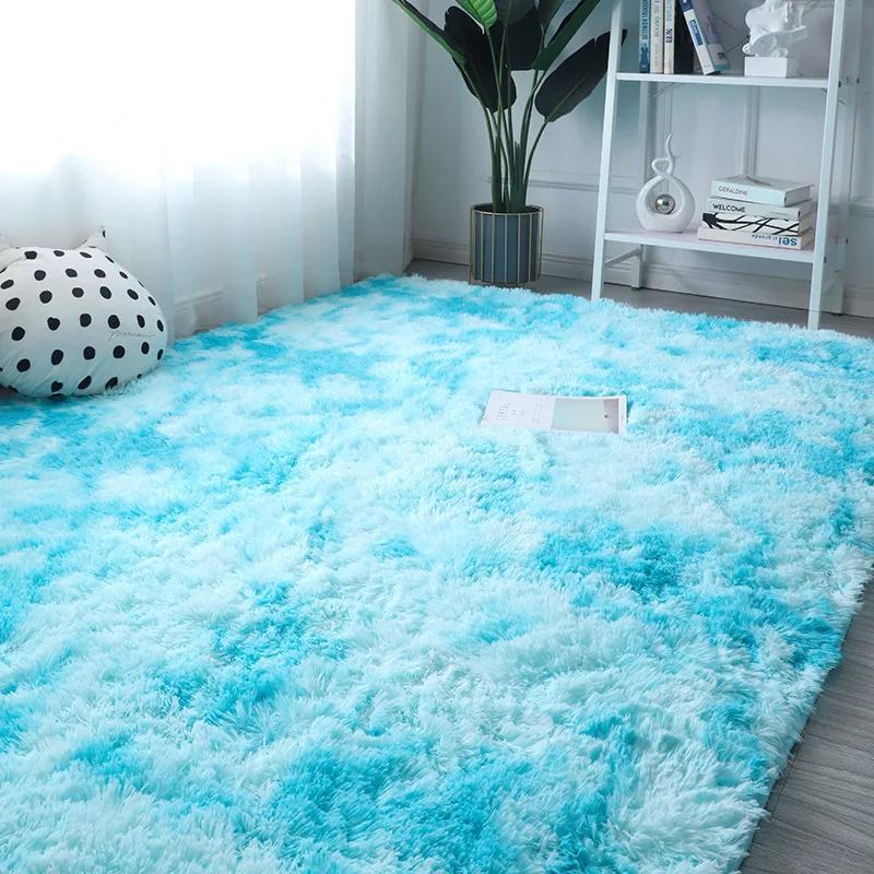 Rainbow Fluffy Carpet Tie-dye Plush Rug Gradient Silk Wool Bedside Rug Non-Slip Mat Soft Plush Area Carpet Room Decoration