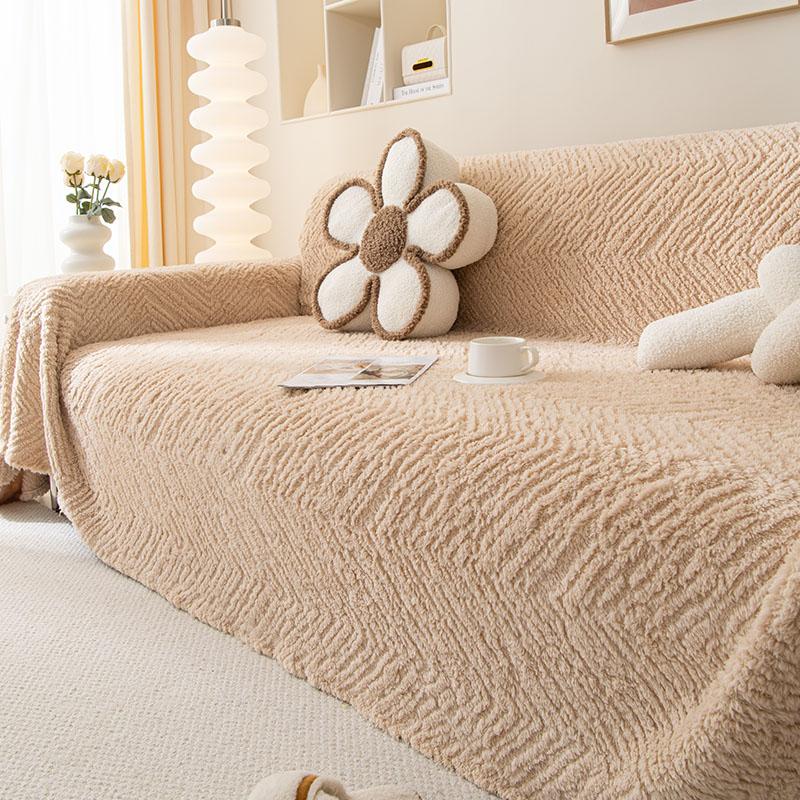 Cream Style Light Colored Plush Sofa Towel, Thickened Autumn and Winter Sofa Blanket, Full Cover, Universal Sofa Cover, Anti Cat Scratch Cover