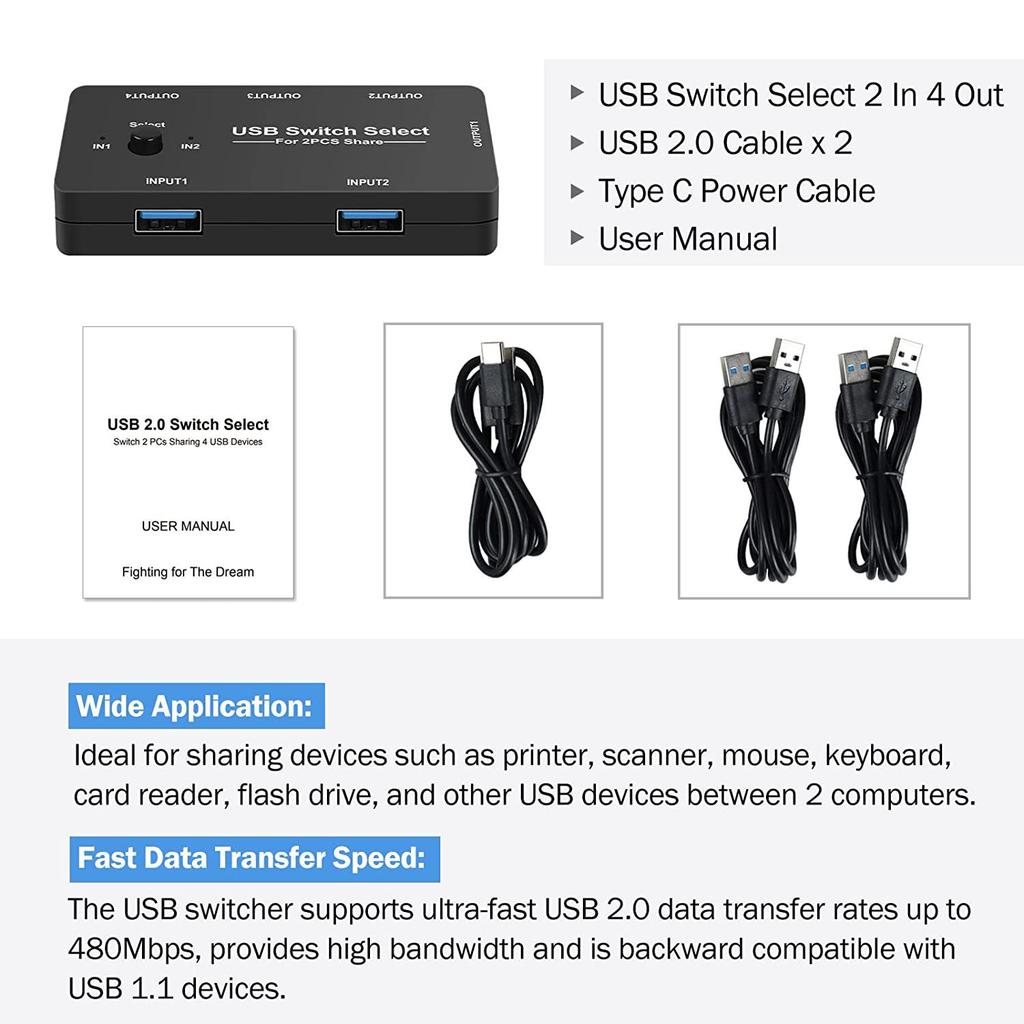 4 In 1 USB Switch Hub 2 Input 4 Output KVM Splitter USB Shared Switcher for PC/Game Console