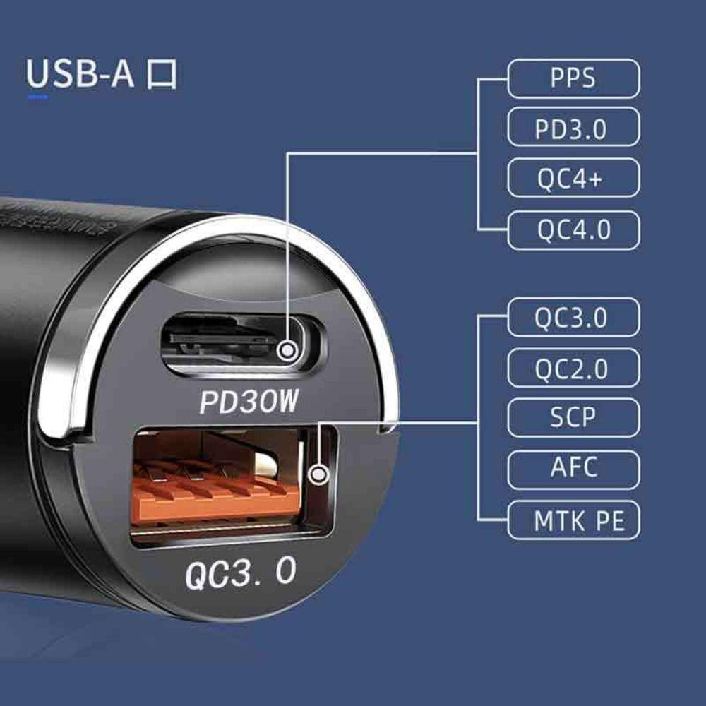 PD30W+QC3.0 Сверхбыстрое автомобильное зарядное устройство USB USB-A/USB-C Адаптер для прикуривателя Зарядка мобильных устройств