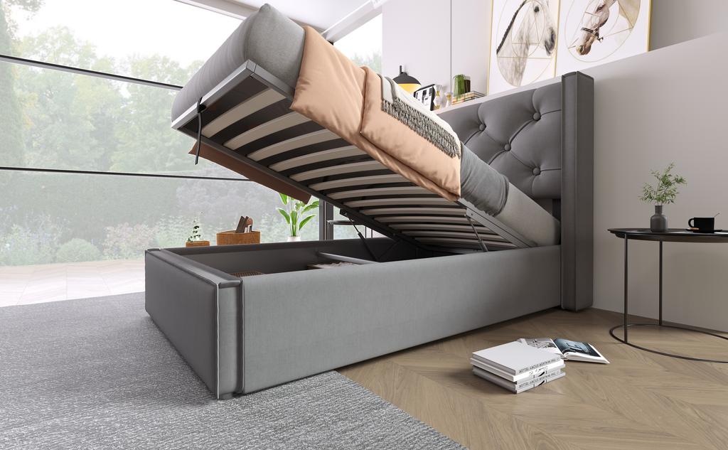 Hydraulic Single Bed Upholstered Bed 90x200cm, Bed with Slatted Frame Made of Metal Frame, Modern Bed Frame with Storage, Cotton, Grey