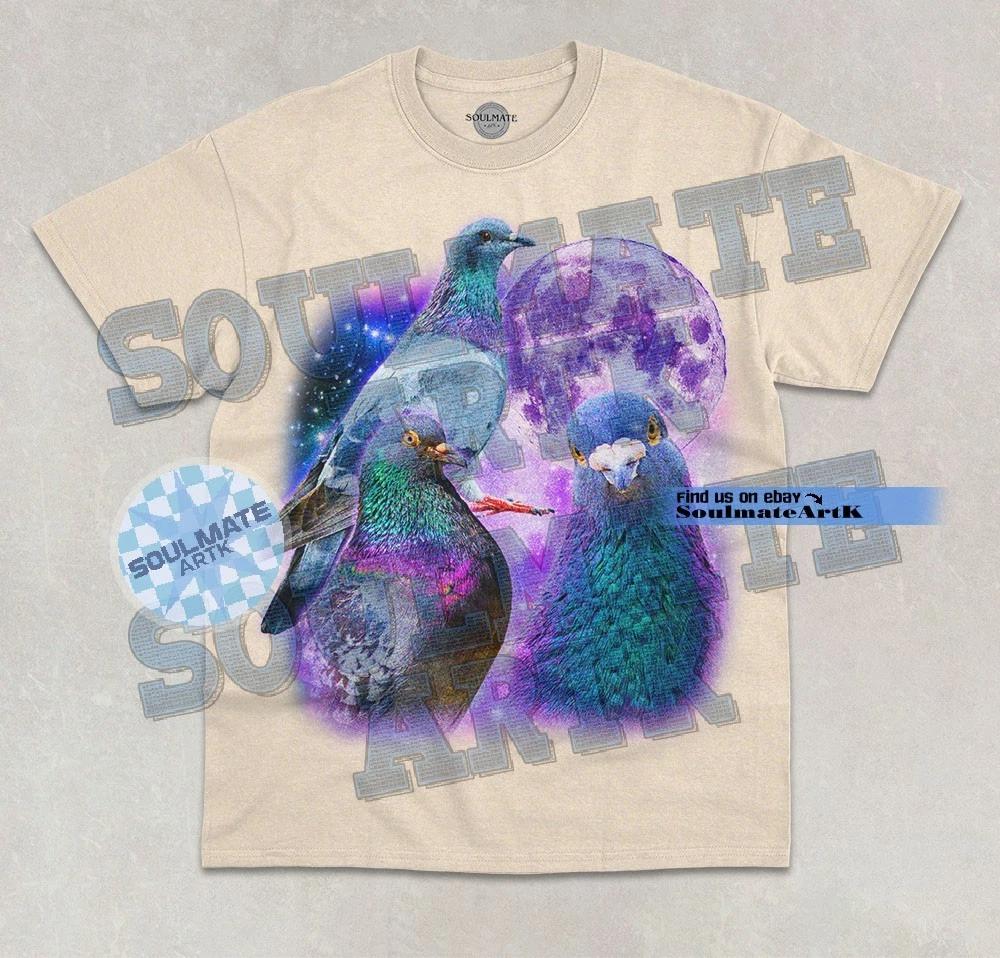 Three Pigeons Moon T- Shirt Funny Meme Pigeon Lover Moon Graphic Unisex Shirt