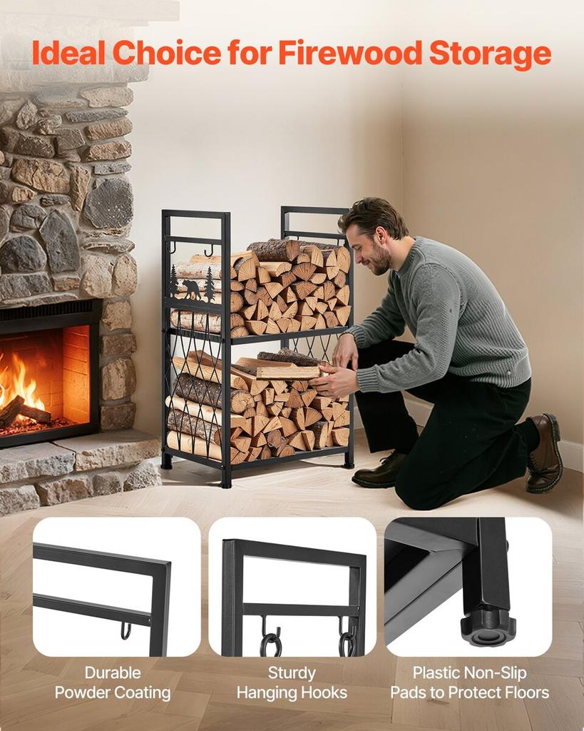 Indoor Firewood Rack, 45.5cm 2-Tier Firewood Holder with Fireplace Tools, Brush, Shovel, Poker, Tongs, Heavy Duty Log Wood Rack, 400 lbs Weight