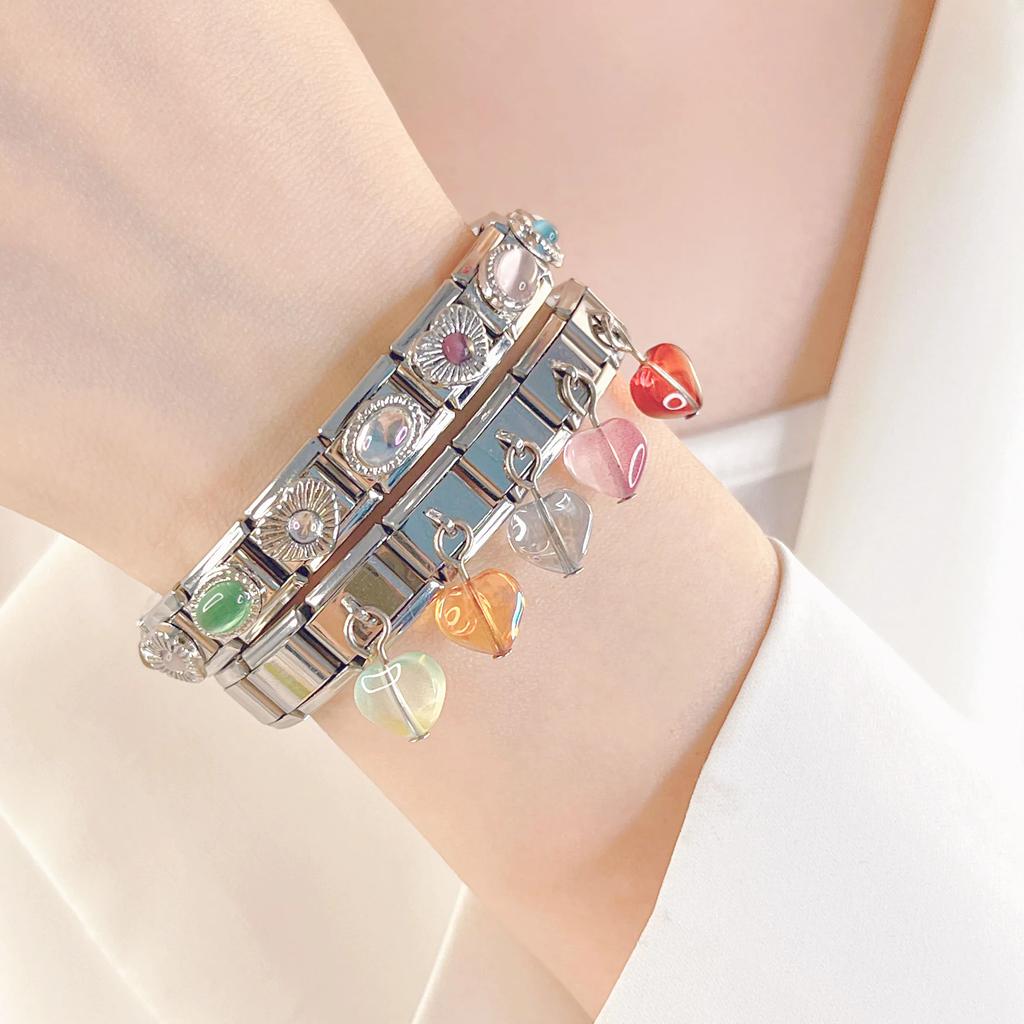 2023 Мода Сердце Эллиптический Прямоугольник CZ Шарм Итальянские Звенья Подходит Для Браслета 9 мм Из Нержавеющей Стали Изготовление Ювелирных Изделий DJ692