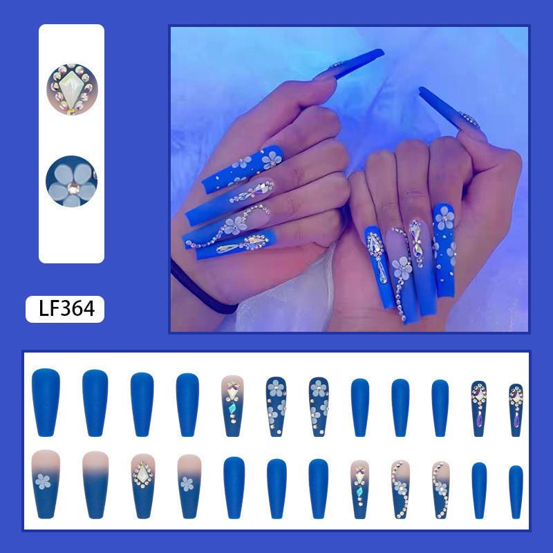 24PCS/SET Quick Nails Flower Diamond Manicure Long Ballet False Nails Waterproof Wearable Ready-made Nail Stickers