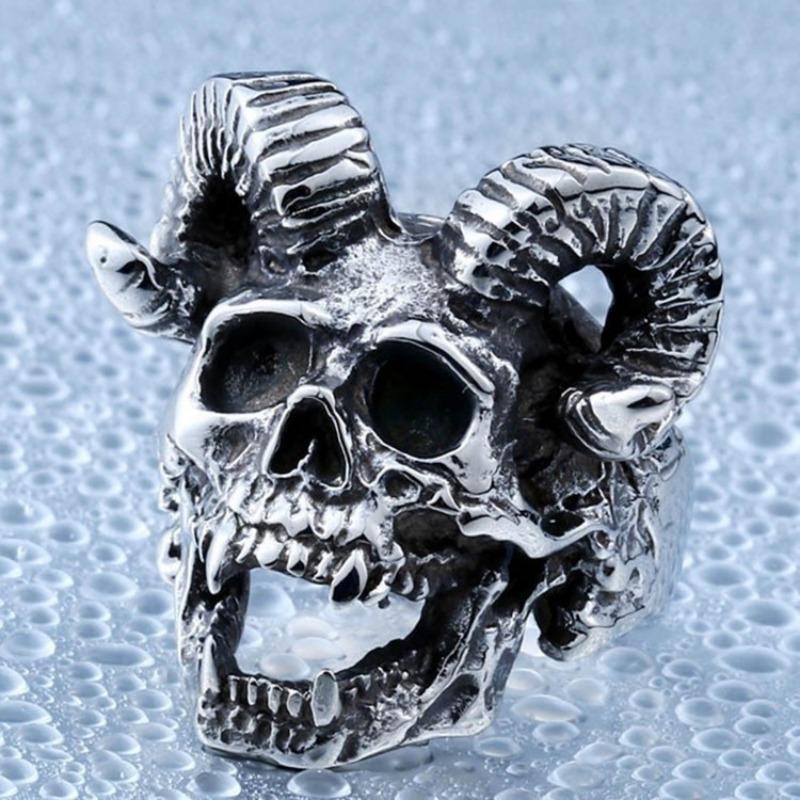 New Exaggerated Jewelry Men's Satan Ram Horns Skull Ring