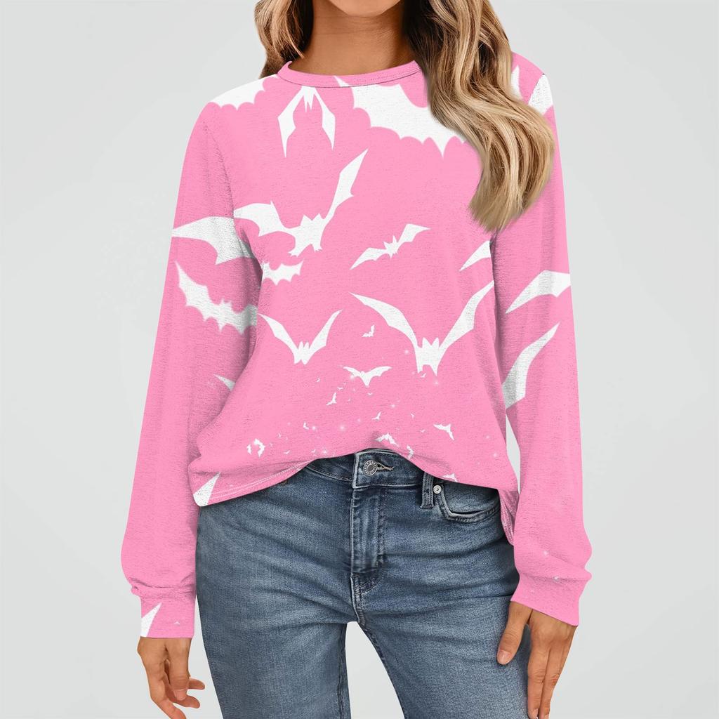 Women's Fashion Long Sleeve Shirts Loose Fitted Crewneck Basic Halloween Print Tops Casual Outfits
