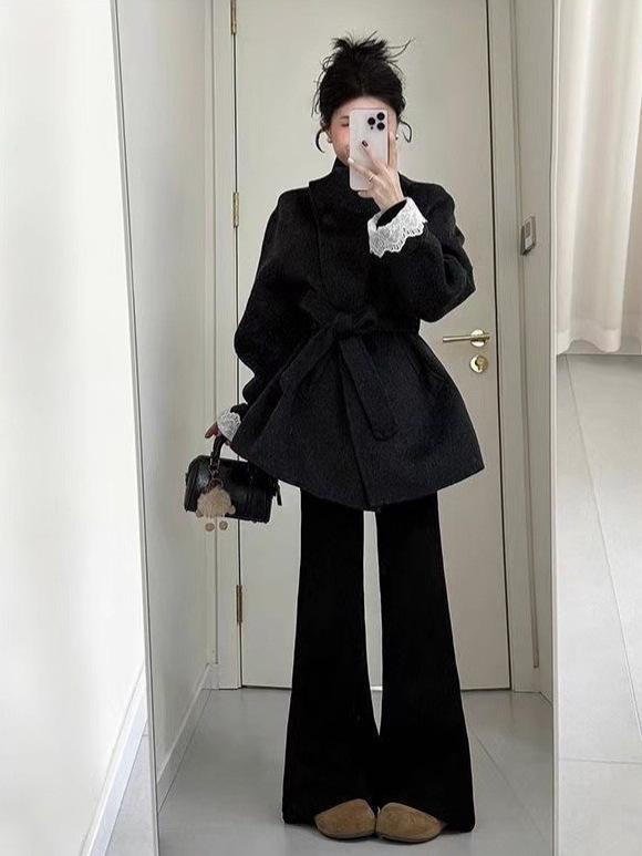 Зима 2025 Маленький Глубокий Серый Шерстяной Пальто - Женская Утолщенная, Стильная Верхняя Одежда