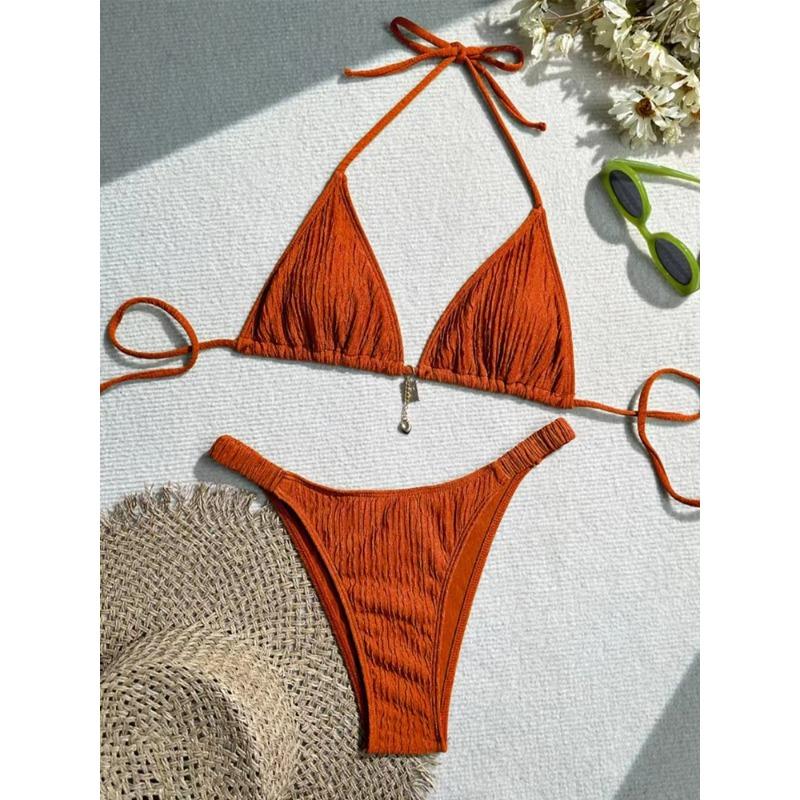 Розовый текстурированный треугольный бикини-комплект с подвеской, стринги, купальник из двух частей