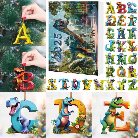 Календарь обратного отсчета до Рождества с динозаврами на 2025 год, Праздничный адвент-календарь с коллекционными подвесными украшениями, Акриловый плоский набор подвесок с буквами динозавров