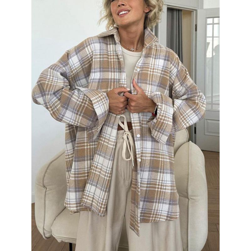 Женская ретро-рубашка в клетку оверсайз с длинным рукавом