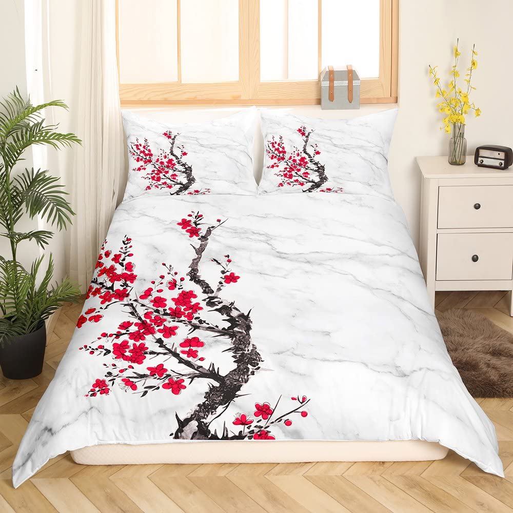 Cherry Blossoms Duvet Cover King/Queen Size,Japanese Sakura Tree Pink Floral Spring Vintage Cultural Bedding Set for Women Girls