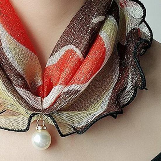 Faux Silk Scarf Lightweight Mesh Soft Shiny Touch Edge-covered Design Scarf with Faux Pearl Decor Neck Decoration