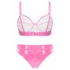 Women Patent Leather Lingerie Set Wet Look Bra Top Wire Free No Padding Zipper Crotch Low Rise Briefs