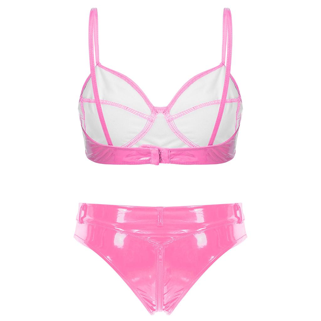 Women Patent Leather Lingerie Set Wet Look Bra Top Wire Free No Padding Zipper Crotch Low Rise Briefs