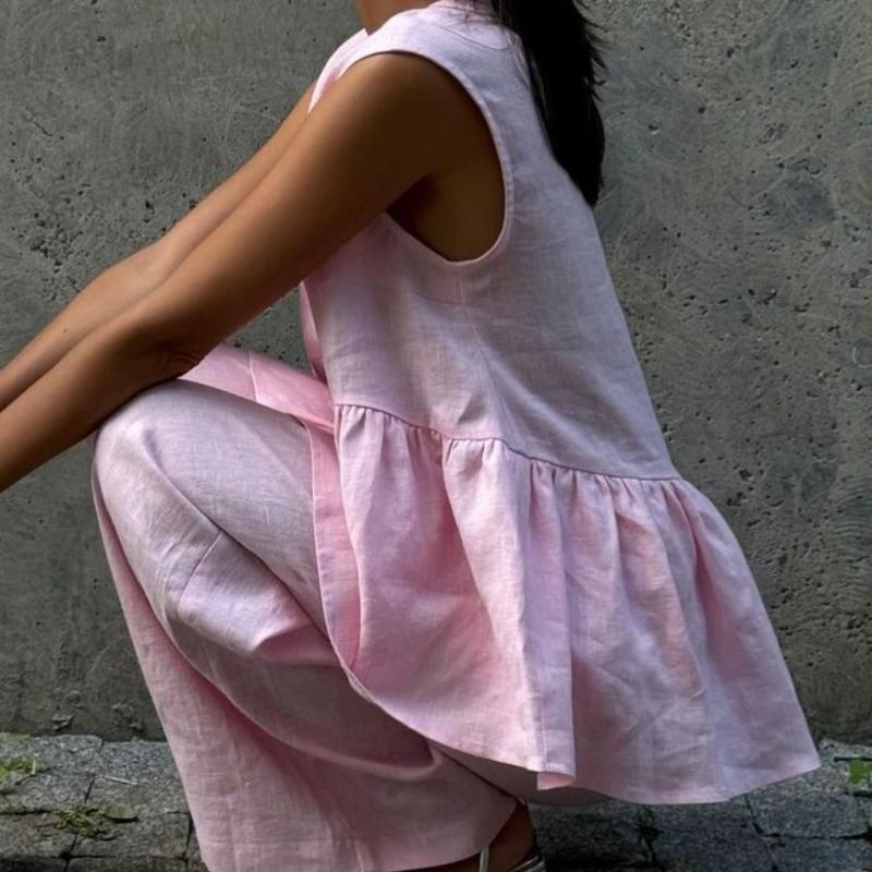 Новый розовый милый комплект из двух предметов: хлопковый топ-майка без рукавов с V-образным вырезом и длинные брюки. Костюм для женщин.