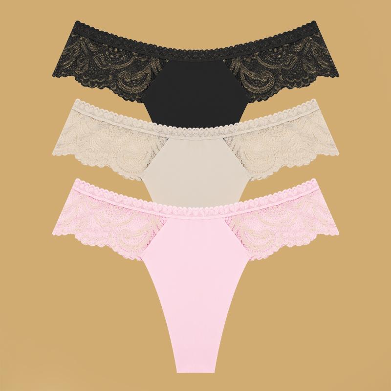 3Pcs Seamless Stretch Thongs Women Comfort Patchwork Lace Panties Female Low-Waist G-string High Quality Floral Soft Lingerie