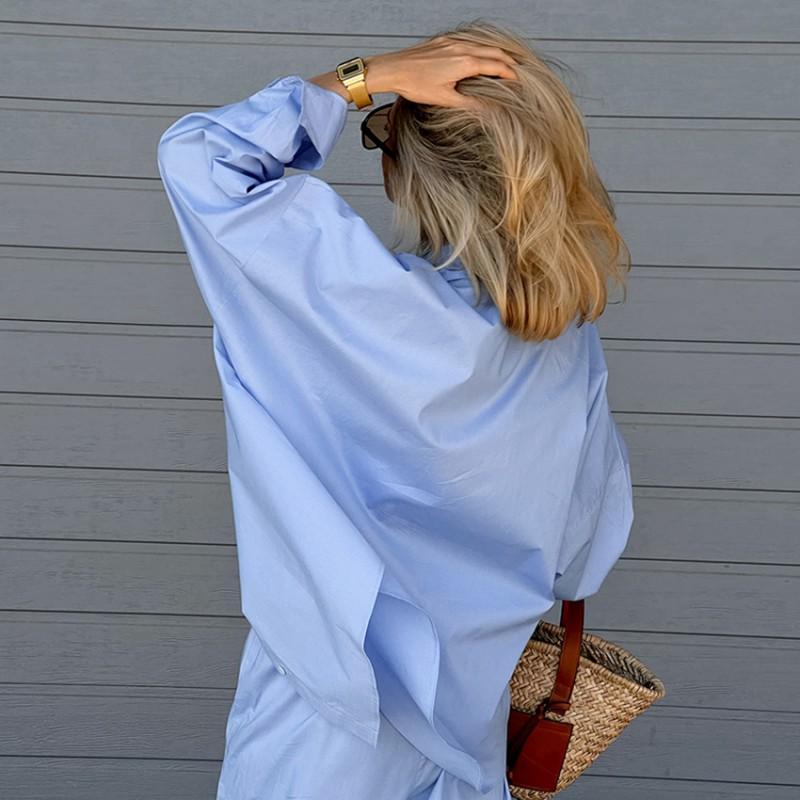 Womens Loose Long Sleeve Shirt Wide Leg Pants Set Solid Color Casual Office Outfit
