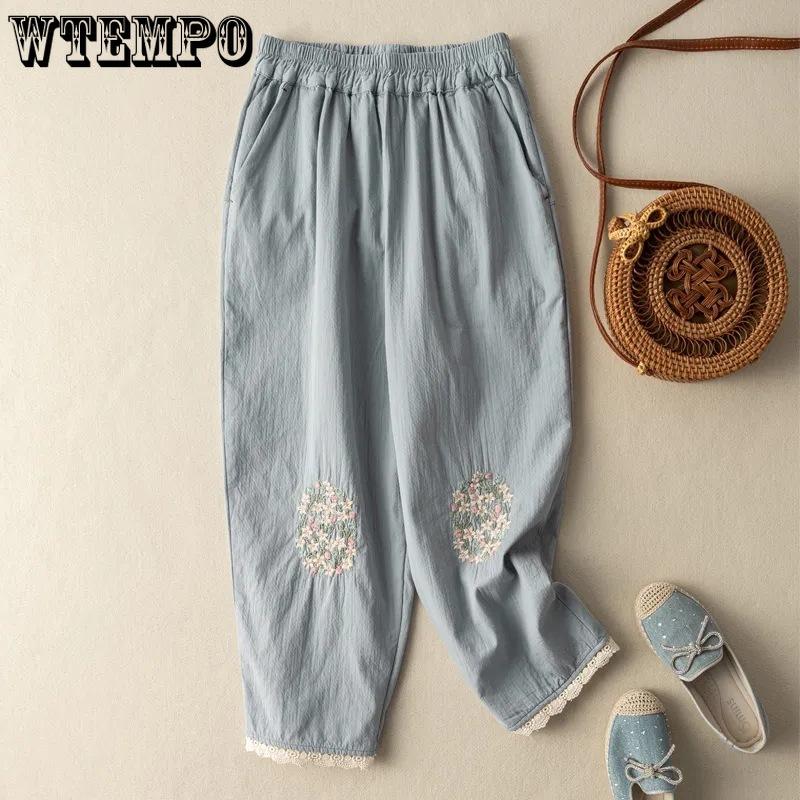 Ethnic Style Retro Embroidery Women's Haren Pants Summer Thin Linen Loose Casual Cropped Pants