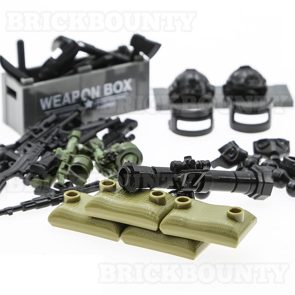 BrickBounty Guns Weapons Weapon Pack Compatible with Major Brand Building Includes Military WWII Military SWAT and Ammo 130-Pcs - - Blocks, Helmets,