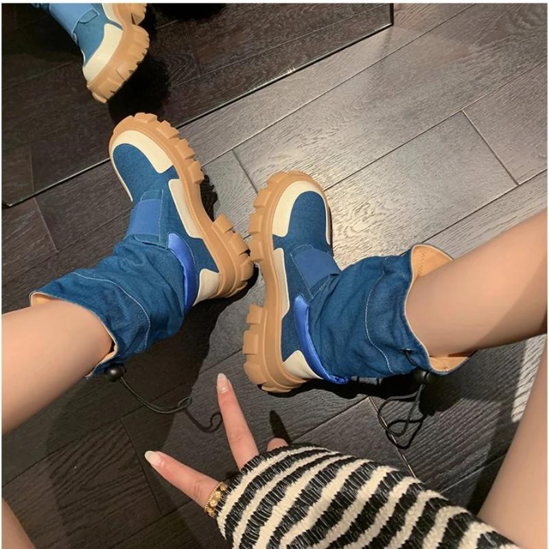 Весна Осень Новые женские сапоги до середины икры Модные ковбойские рыцарские сапоги Панк Готика Классические джинсовые парусиновые туфли Короткие туфли на платформе